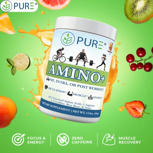 Vista 3 de PURE Amino+ - Aminoácidos esenciales en polvo, 30 porciones, 17.64 oz - EAA de espectro completo con L-arginina, L-citrulina y raíz de remolacha