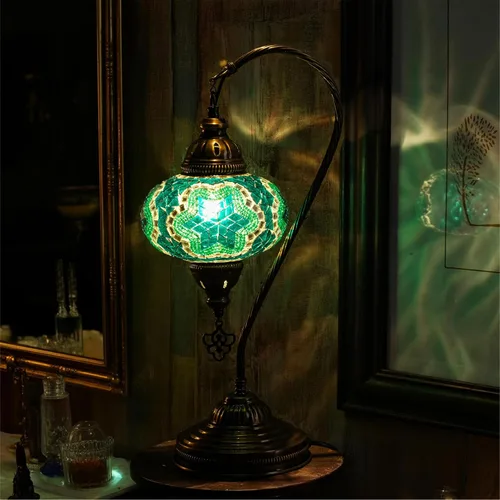 Vista 16 de Lámpara de mesa turca marroquí de vidrio transparente con cuello de cisne, pantalla de lámpara estilo bohemio vintage auténtica, lámpara de cuello