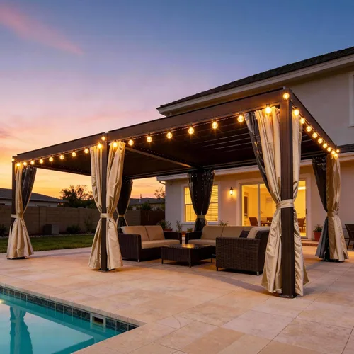 Vista 19 de Domi - Pérgola de aluminio para exteriores de 10 x 10 pulgadas con cortinas y malla Marrón oscuro