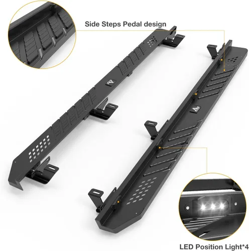 Vista 4 de Escalones laterales para Jeep Gladiator 2019-2026 de 4 puertas con luz de posición LED WOLFSTORM - Accesorios de repuesto para estribo de acero
