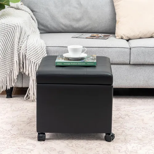 Vista 3 de Adeco Otomana moderna de cuero con ruedas, otomana cuadrada negra rodante de 18.8" con almacenamiento, taburete de tocador tapizado acolchado
