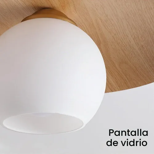 Vista 6 de Lámpara de techo minimalista moderna de globo de vidrio blanco redondo con textura de nuez, lámpara de techo semiempotrada con textura de madera