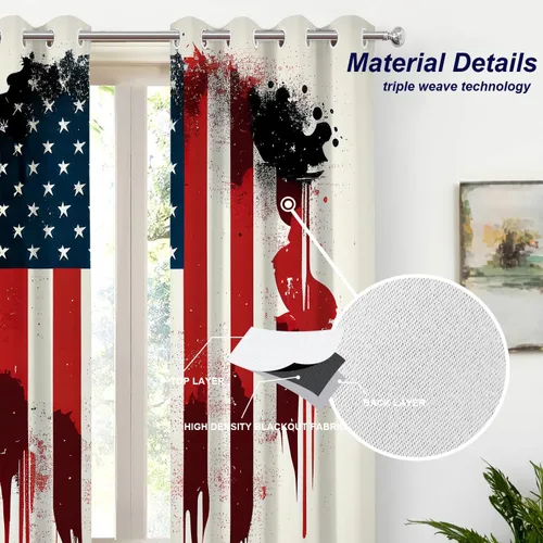Vista 46 de Batmerry American Flag Ink Dot Blackout Tier Curtains, Red Blue White Stars Abstract Thermal Insulated Half Curtain Rod Pocket Small Valance for