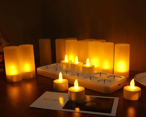 Vista 2 de WoneNice, Velas de té recargables (no necesitan baterías) con sostenedor esmerilado, base color blanca, Plástico, Blanco, Juego de 12