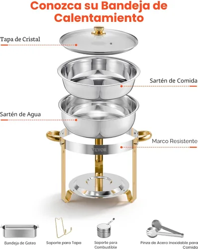 Vista 8 de VEVOR Juego de bufé de calentador de comida, 5 cuartos de galón, paquete de 4, de acero inoxidable con 4 bandejas de tamaño completo, servidor