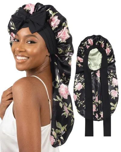 Vista 22 de AWAYTR Gorro largo de satén para mujer, gorro de seda elástica de doble capa para trenzas, gorro de dormir con banda de amarre (negro)