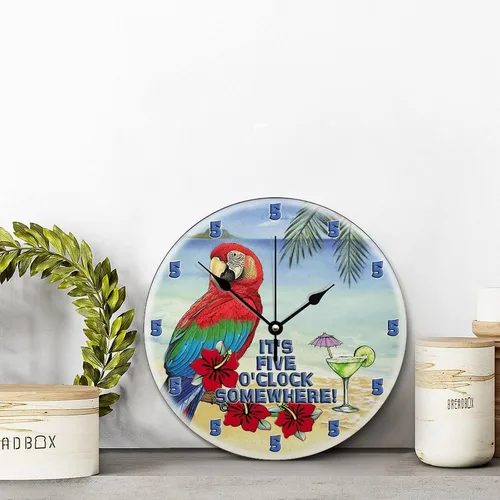 Vista 2 de It's 5 O'Clock Somewhere - Reloj de pared de 10 pulgadas, reloj de pared de loro de playa Martini, funciona con pilas, sin tictac, reloj de madera