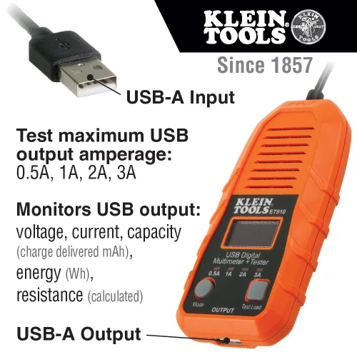 Vista 2 de Klein Tools ET910 Medidor y Probador de Potencia USB, Multímetro Digital USB-A para Voltaje, Corriente, Capacidad, Energía, Resistencia, Máxima