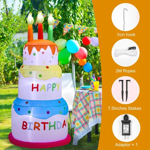 Vista 5 de Pastel inflable de feliz cumpleaños de 6 pies con velas, luces LED integradas, adecuado para decoración de césped en interiores y exteriores