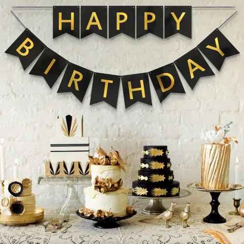 Vista 5 de Cartel y cartel de feliz cumpleaños, 9 pies pre-encordados, sin montaje, decoraciones de cumpleaños negro y dorado para mujeres, hombres, niñas