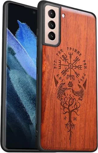 Vista 10 de Carveit Funda de madera para Galaxy S21 Ultra [madera real dura y TPU suave] Funda protectora a prueba de golpes, funda de madera única y elegante