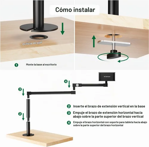 Vista 8 de elitehood Soporte de escritorio para iPad de brazo largo con base de montaje con ojales, soporte de aluminio resistente para tableta, soporte