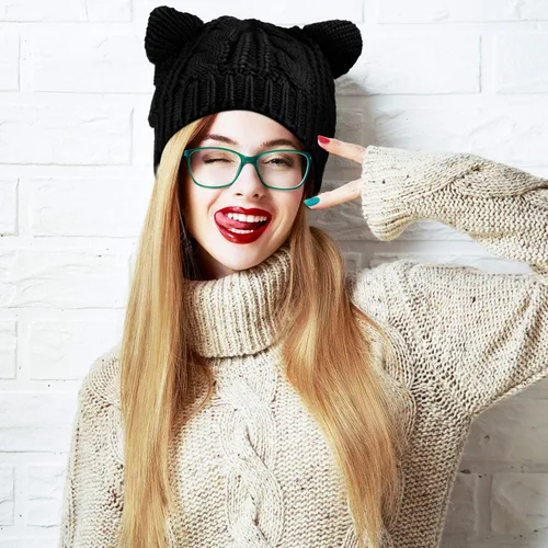 Vista 3 de SATINIOR Lindo gorro de punto con orejas de gato, gorro de punto de invierno para mujeres y niñas