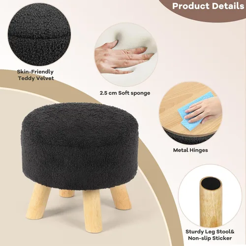 Vista 5 de OGEMXU Reposapiés otomano, otomana redonda pequeña con almacenamiento, taburete Boucle de terciopelo con patas de madera, otomana de almacenamiento