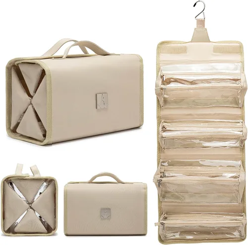 Vista 12 de ROYALFAIR Bolsa de maquillaje enrollable, bolsa de aseo de viaje para mujer con 4 bolsas transparentes aprobadas por la TSA, organizador de viaje