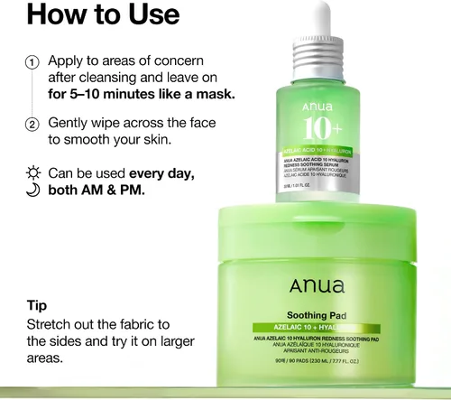 Vista 7 de ANUA Ácido azelaico 10 almohadillas de tóner calmantes de ácido hialurónico, mascarilla facial hidratante para el cuidado de enrojecimiento, poros