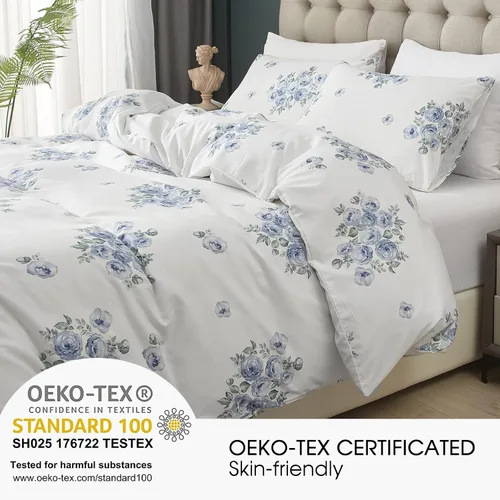 Vista 2 de HYPREST - Juego de funda de edredón de tamaño Queen con diseño floral de granja, 3 piezas, azul, suave, ligera y transpirable, certificado Standard