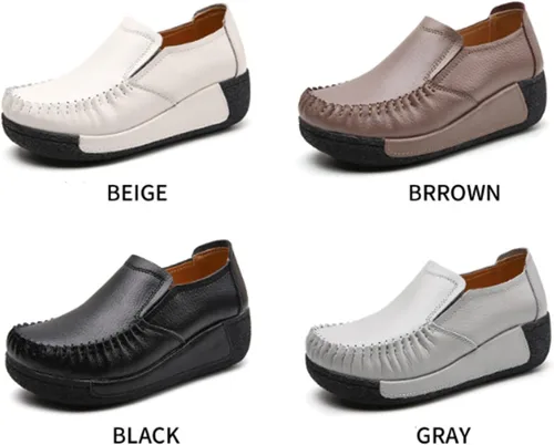 Vista 4 de Mocasines de cuero con plataforma para mujer, transpirables, antideslizantes, con buen arco, para enfermera, para caminar y caminar Beige