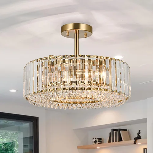 Vista 9 de Lingkai Candelabro de Cristal Moderno de 15.8" Cromado Redondo Semi Empotrado Luminaria de Techo Candelabro para Sala de Estar Comedor Dormitorio