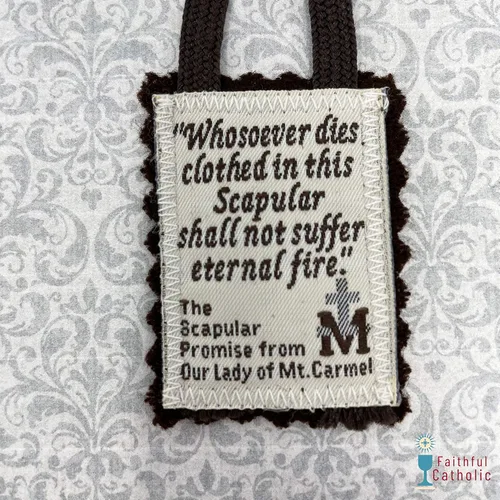 Vista 3 de Brown Scapular Mt. Carmel 100% lana fabricada en Estados Unidos, calidad hecha a mano (individual)
