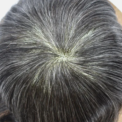Vista 6 de Toupee para hombres, sistema de reemplazo de cabello humano Remy, nudos blanqueados, encaje frontal, piel fina, para hombre, color gris, pelucas