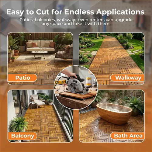 Vista 4 de Majestick Goods Azulejos entrelazados de madera de acacia, fácil instalación para suelos de patio y pasarelas con drenaje de base elevada, 12 x 12 x