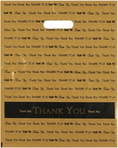 Vista 6 de 12x15 negro "Gracias" troquelado mango bolsas de plástico 50/cs