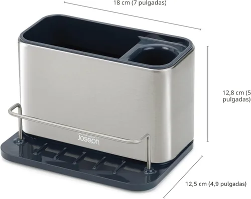 Vista 2 de Joseph Joseph 85112 - Organizador de esponja de acero inoxidable para fregadero de superficie, drenajes ordenados, para cocina, grande, color gris