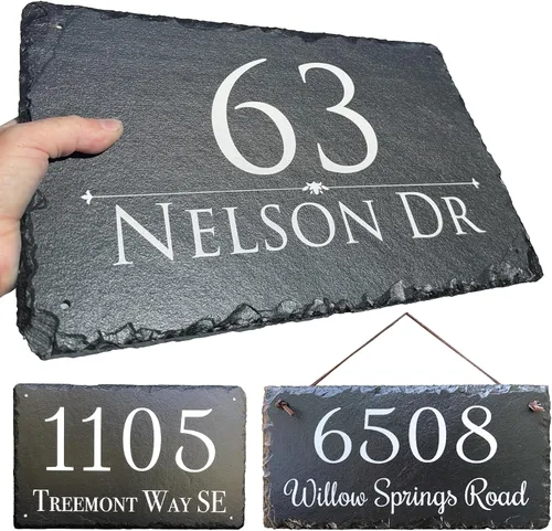 Vista 8 de Sassy Squirrel Ink - Placa de dirección de piedra de pizarra personalizada, letreros de dirección para casas, letrero personalizado para casa