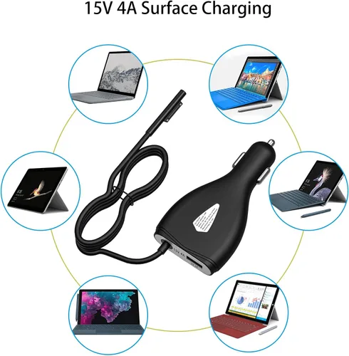 Vista 6 de Surface - Cargador de coche, 70 W, 15 V, 4 A, fuente de alimentación para Microsoft Surface Pro 5/Pro 6/Pro 7/Pro 8/Pro X, Surface Book, Surface Go