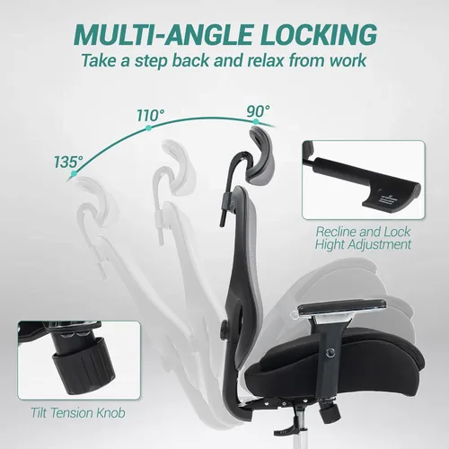 Vista 6 de Silla de oficina ejecutiva grande y alta, silla de escritorio ergonómica de malla cómoda con brazos 4D y asiento extra ancho, reposacabezas