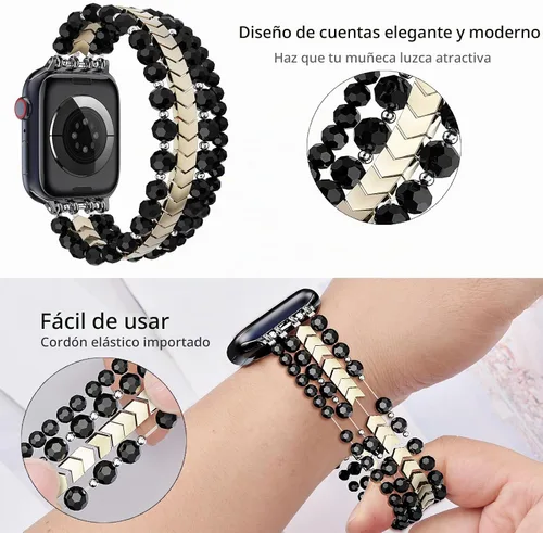 Vista 3 de MOFREE - Pulsera de cuentas compatible con Apple Watch Band de 1.496 in/1.575 in/1.614 in/1.65 in (38, 40, 41 y 42 mm) Series Negro/Oro
