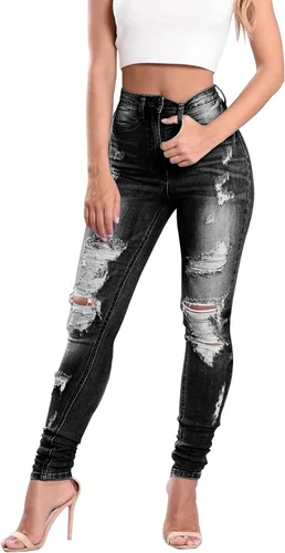 Vista 35 de KUNMI - Pantalones de mezclilla clásicos de cintura alta para mujer, elásticos, con efecto de levantamiento de glúteos, ajustados
