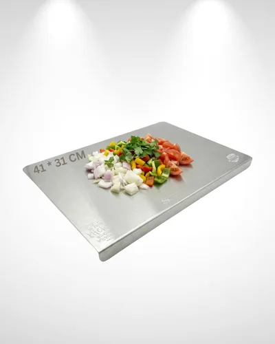 Vista 8 de Tabla de cortar de acero inoxidable para cocina, tabla de cortar de metal extra grande con borde de encimera, resistente grado alimenticio 304