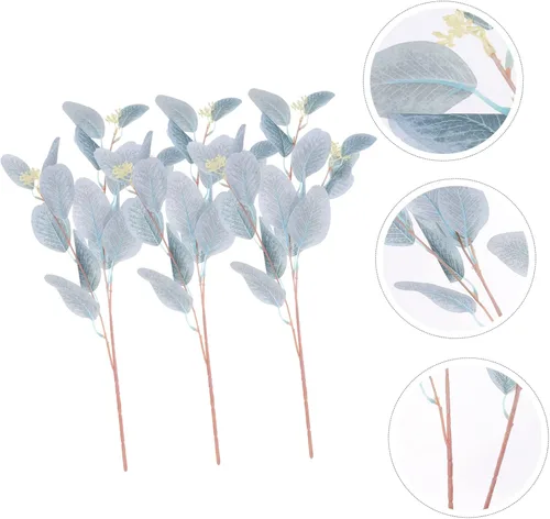 Vista 4 de Cabilock 3 piezas de hojas de eucalipto simuladas, tallos de eucalipto dorados, hojas largas de plata, ramo de hojas de eucalipto artificial, flor
