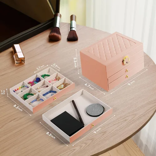 Vista 8 de coobest Joyero de 3 capas, organizador de joyas con cajón organizador de joyas, cajas de joyería grandes y organizador con organizador de aretes