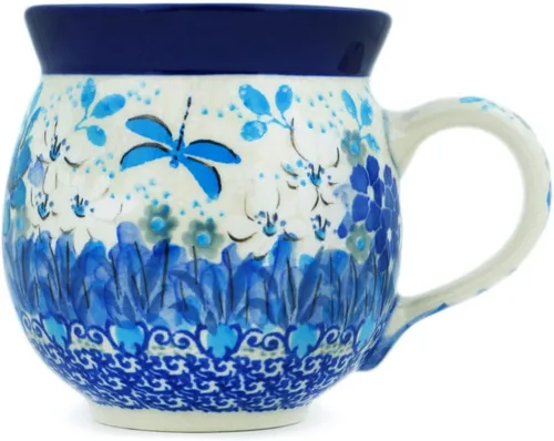 Vista 16 de Auténtica taza de burbujas de cerámica polaca de 13 onzas en diseño amarillo hecho a mano en Bolesławiec Polonia por Ceramika Bona + certificado