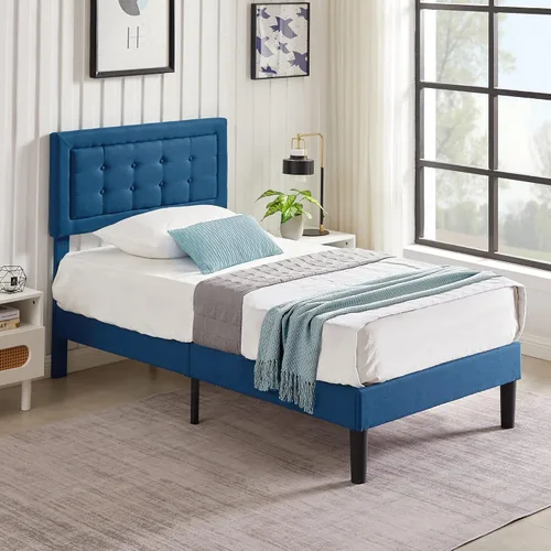 Vista 3 de VECELO Base de cama tapizada tamaño individual con cabecera de tela ajustable en altura, base de cama de plataforma resistente, base de colchón