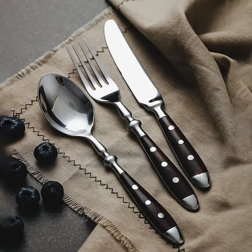 Vista 8 de 20-piece wooden handle silverware set for 4, premium stainless steel flatware set, retro brown utensils cutlery set, mirror finished forks spoons