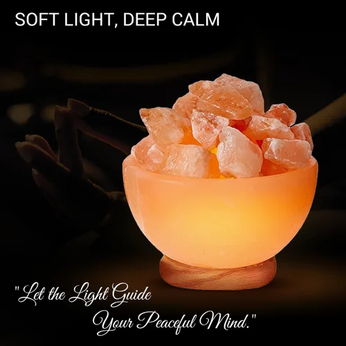 Vista 4 de Himalayan Glow Lámpara de cuenco de masaje con trozos de cristal de sal natural, cable de atenuación con base de madera clásica, lámpara de sal