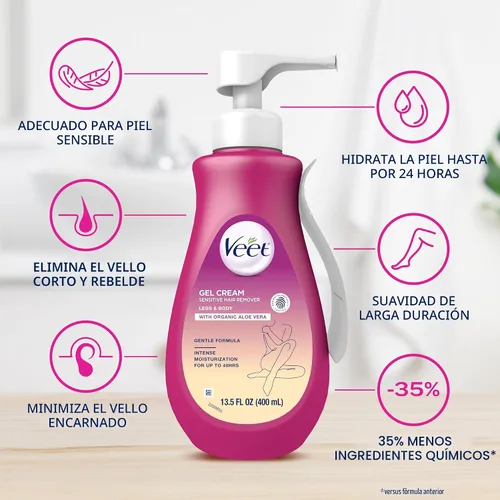 Vista 3 de Depilatorio, Crema depilatoria Veet Gel Sensitive, 13.5 onzas, Fórmula sensible con Aloe Vera y Vitamina E (paquete de 1)