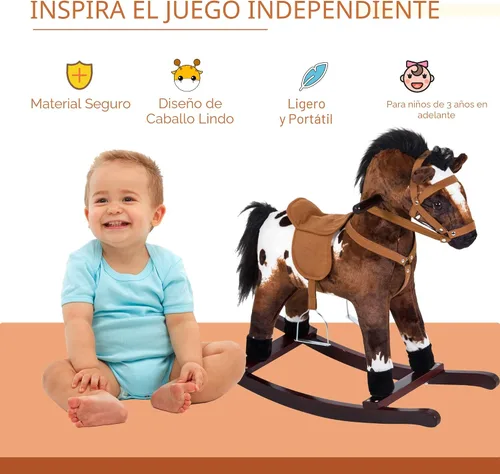 Vista 3 de Qaba Kids - Silla de montar de madera con peluche y mecedora con sonidos realistas, color marrón oscuro/blanco