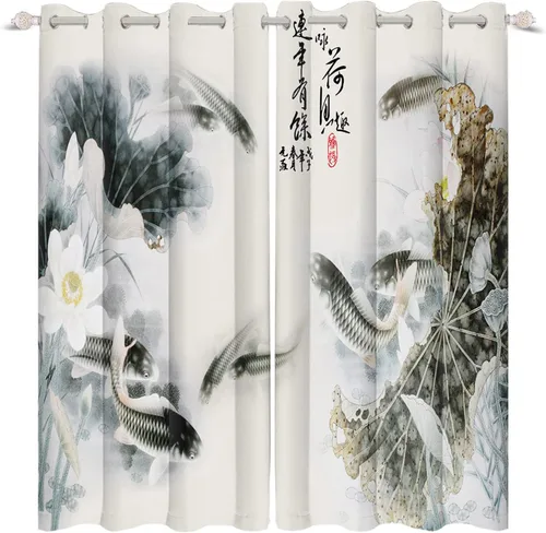 Vista 12 de Renaiss Cortinas de carpa para ventana, 29 pulgadas de ancho x 45 pulgadas de alto, pintura de tinta oriental, hojas de loto, lirio de agua negro