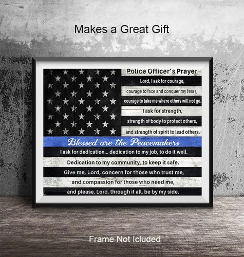 Vista 5 de Impresión artística de oración de oficiales de policía – Inspirador religioso patriótico con línea azul delgada bandera estadounidense – Regalo