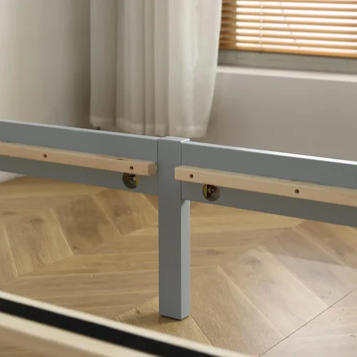 Vista 8 de Karl home Base de cama de madera tamaño matrimonial con cabecero, plataforma para dormitorio con estribo, soporte de 12 listones de madera, no Gris
