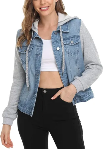 Vista 4 de MISS MOLY Chaqueta de mezclilla con capucha para mujer, con cordón en capas, de manga larga, con 2 bolsillos