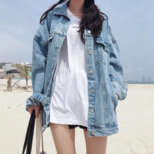 Vista 4 de Gozoloma Chaqueta vaquera de gran tamaño para mujer, casual, holgada, de manga larga, con botones