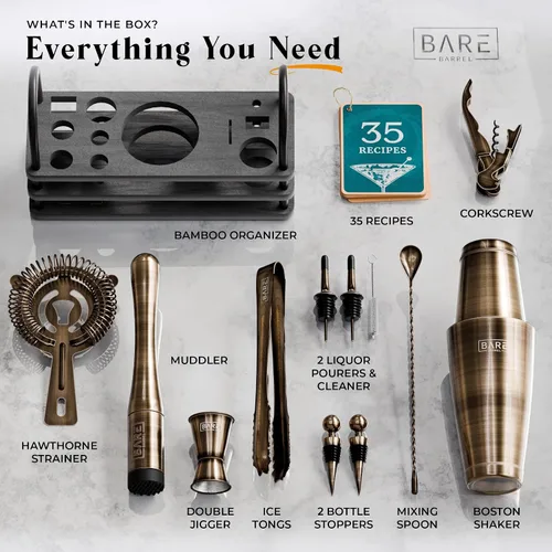 Vista 4 de BARE BARREL Mixology Bartender Kit Bar Set Juego de coctelera de 14 piezas Herramientas de mezcla de Martini Barware para el hogar 35 tarjetas