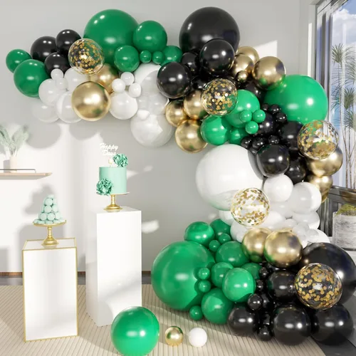 Vista 17 de MEBAY Kit de arco de globos de oro verde, blanco, 146 piezas de confeti dorado cromado metálico verde aguacate y globos de látex blanco