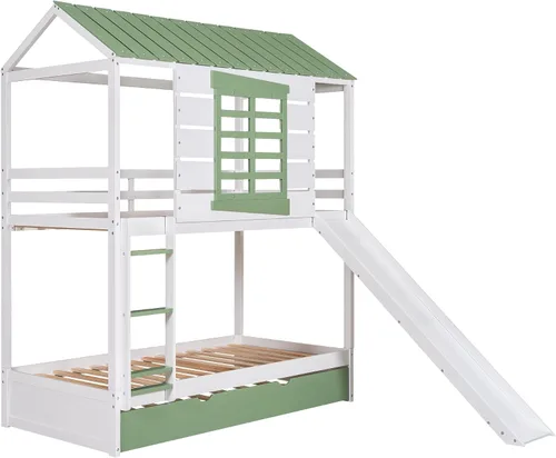 Vista 7 de Litera de tamaño individual con tobogán y nido para niños y niñas, blanco y Gris